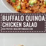 buffalo quinoa salad in a bowl with text above it.