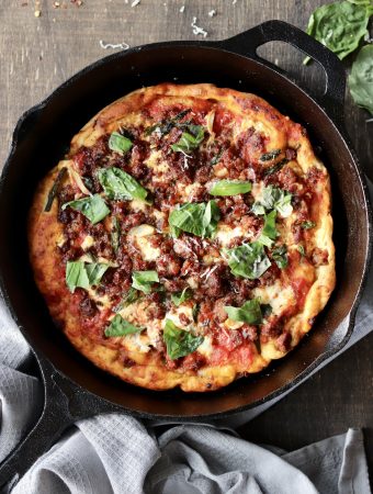 Make this pizza your next night in! The cast iron skillet gives the perfect browning to the crust and makes for an easy clean up! | Mealswithmaggie.com