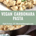Vegan pasta dish in bowl with spoon