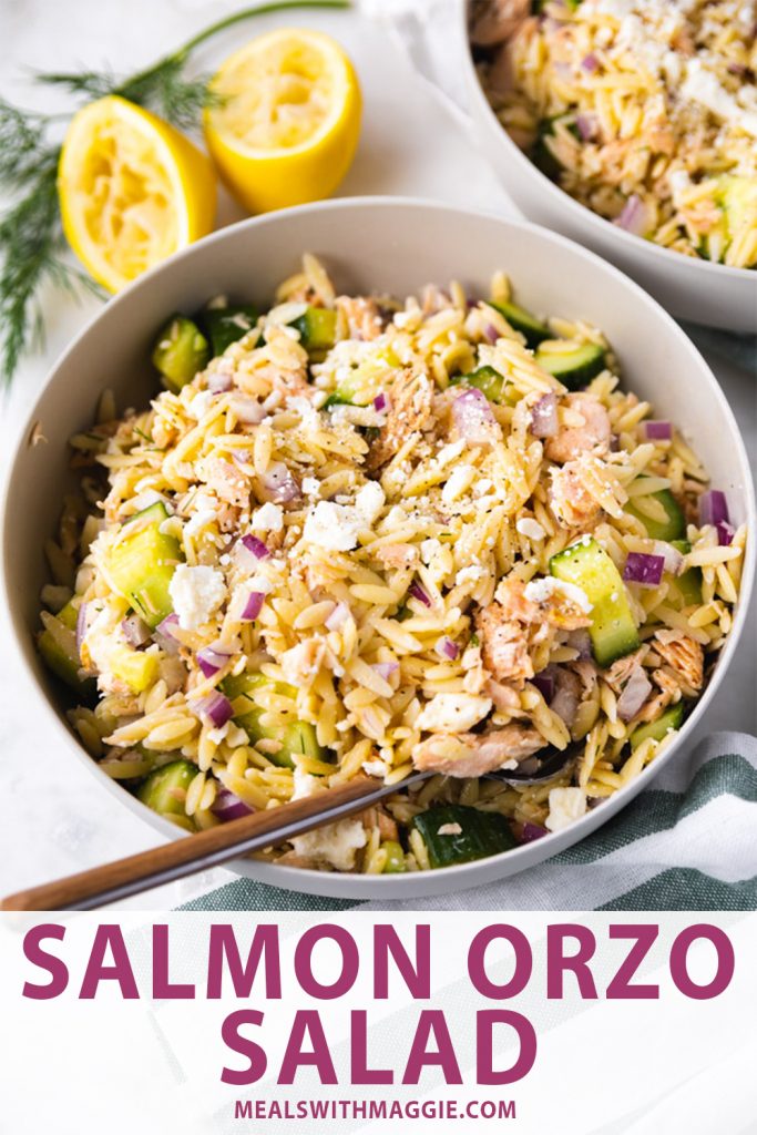 Salmon orzo salad in a bowl with text underneath