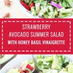 Strawberry avocado summer salad with chicken- featuring a crunchy romaine, cucumber, red onion, chopped nuts and pungent cheese then tossed in honey basil vinaigrette makes for the ultimate summer salad combo that will leave you feeling satisfied #avocado #strawberries #salad #summersalad #mealprep #masonjarsalad | Mealswithmaggie.com