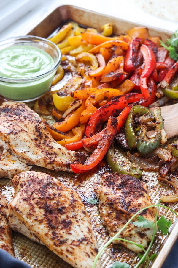 One Sheet Pan Chicken Fajitas with Avocado Sauce - Meals with Maggie