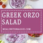 This Greek Orzo Salad is full of fresh, bright ingredients with Middle Eastern spices. A great vegetarian option for meal prep or potluck. | Mealswithmaggie.com #greekorzosalad #mealpreplunch #vegetarian #easygreeksalad  #easypastasalad #pastasalad #greekpastasalad