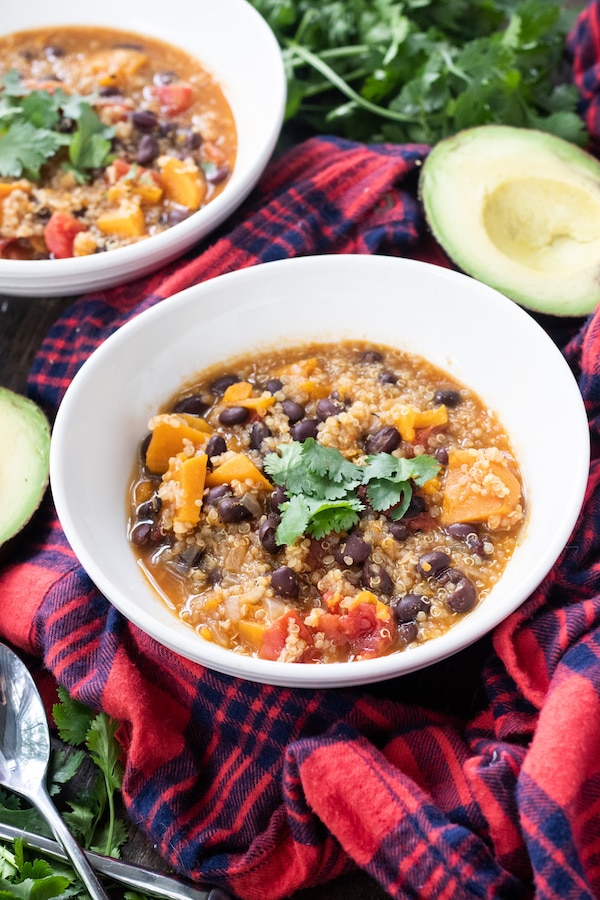 Instant pot vegetarian quinoa chili in a bowl