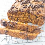 This simple chocolate chip pumpkin oat bread is the perfect addition to your morning coffee. It is soft, chewy and full of fiber. The best part? No fancy ingredients needed. | Mealswithmaggie.com #pumpkinbread #glutenfreebread #highfiber #Oatflour #oatbread #pumpkinchocolatechipbread