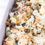 Everything bagel Cauliflower Casserole- a lighter thanksgiving dish that is cheesy, salty and garlicky all in one bite. Low carbohydrate, vegetarian and high in fiber | mealswithmaggie.com #everythingbagelseasonsing #cauliflowercasserole #thanksgivingcasserole #healthycasserole #cauliflower #healthythanksgiving #lowcarbthanksgiving #vegetarianthanksgiving