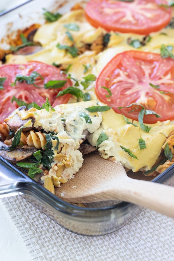 A spatula in a vegan pasta bake. 