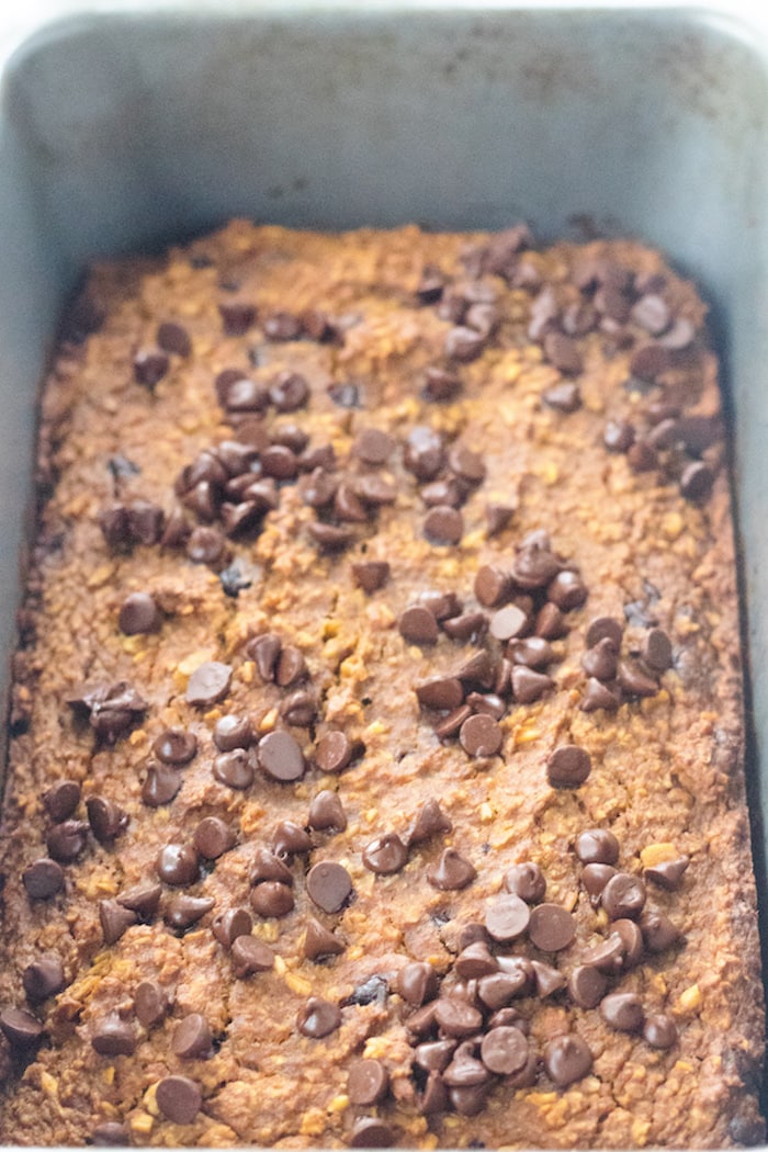 This simple chocolate chip pumpkin oat bread is the perfect addition to your morning coffee. It is soft, chewy and full of fiber. The best part? No fancy ingredients needed. | Mealswithmaggie.com #pumpkinbread #glutenfreebread #highfiber #Oatflour #oatbread #pumpkinchocolatechipbread