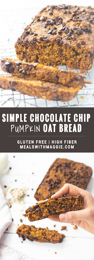 This simple chocolate chip pumpkin oat bread is the perfect addition to your morning coffee. It is soft, chewy and full of fiber. The best part? No fancy ingredients needed. | Mealswithmaggie.com #pumpkinbread #glutenfreebread #highfiber #Oatflour #oatbread #pumpkinchocolatechipbread