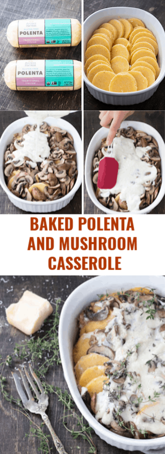 Baked polenta and mushroom casserole – This casserole is a tasty holiday side dish that is gluten free and option to be vegan. The combination of polenta, mushrooms and thyme creates a harmonious blend of flavors that lends a new definition to comfort food. | MealswithMaggie.com #healthythanksgiving #casserole #thanksgivingcasserole #glutenfreecasserole #veganthanksgiving #healthycasserole