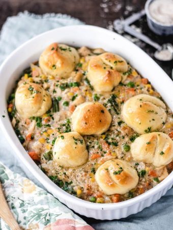 This Healthy Chicken Pot Pie with Biscuits is easy, delicious and is big enough to feed the whole family. Heart healthy, comforting and satisfying. | mealswithmaggie.com #chickenpotpie #healthychickenpotpie #chickenpotpiewithbiscuits #healthycomfortfood #easychickenpotpie