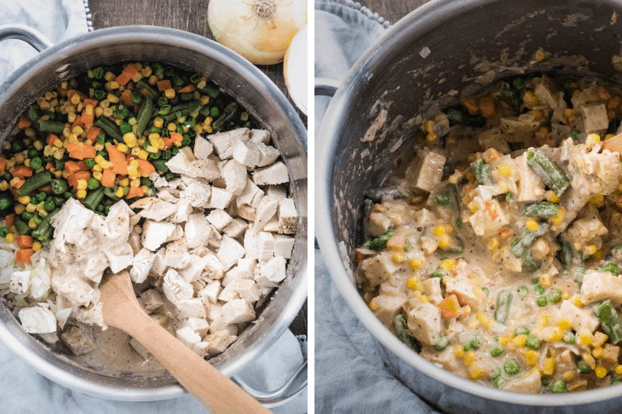 Side by side shot of chicken pot pie ingredients.