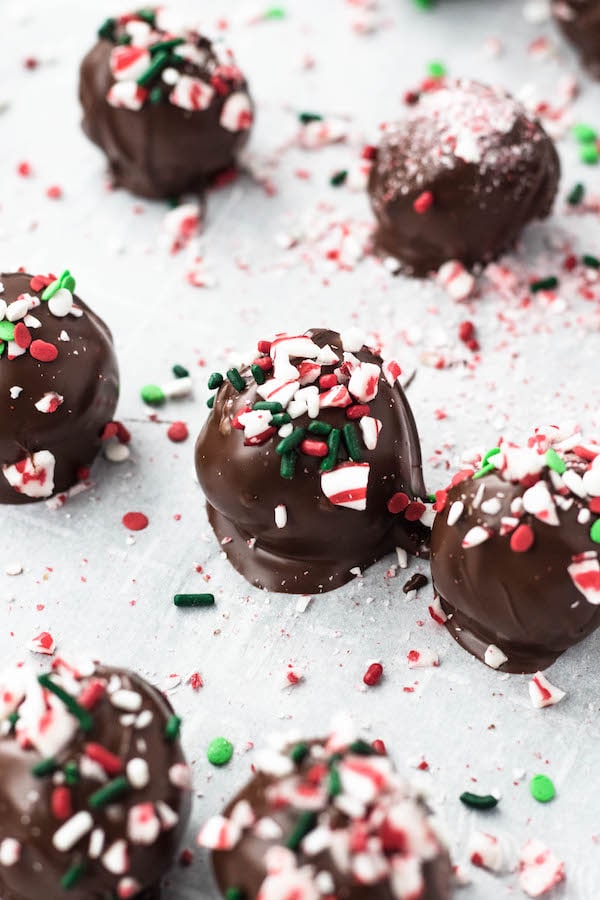 chocolate truffles on a baking sheet