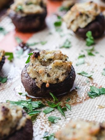 stuffed mushroom on baking sheet