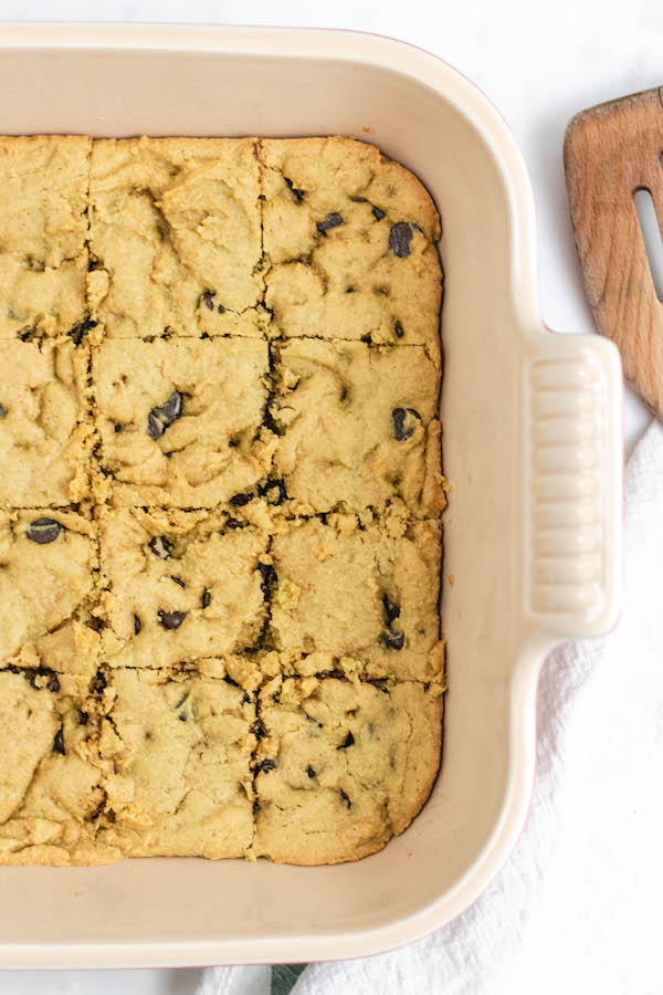 Healthy Peanut Butter Blondies in the baking pan.