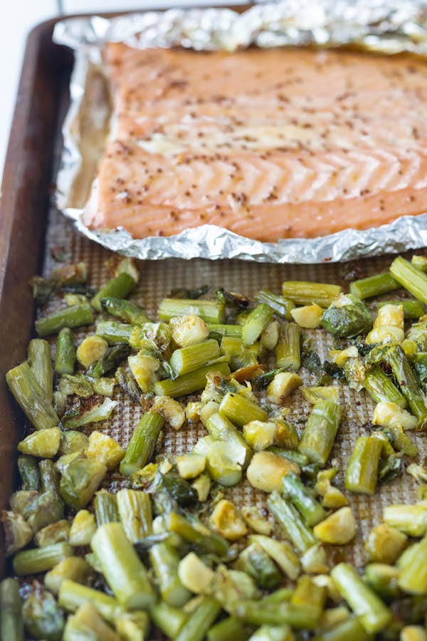 A sheet pan with asparagus and salmon