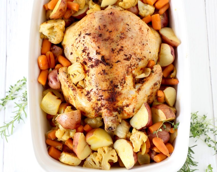 Roasted chicken with potatoes and carrots