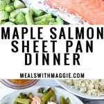 long image with salmon on a sheet pan and vegetables on a plate