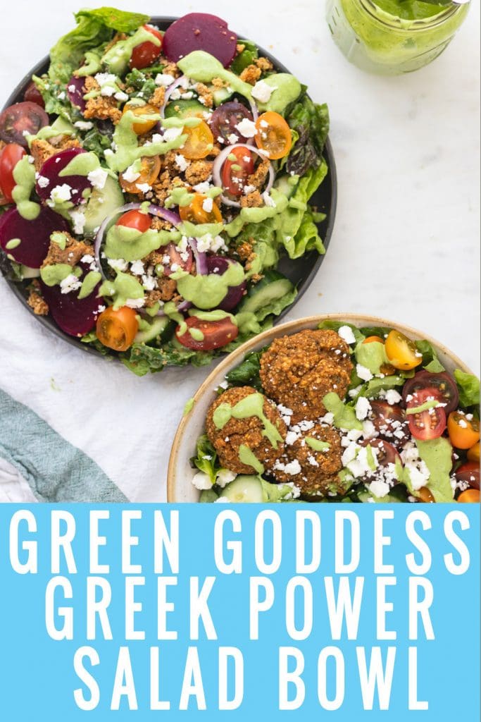 two salad bowls with drizzle of green goddess dressing