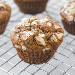 flourless banana oatmeal muffins close up on a baking sheet