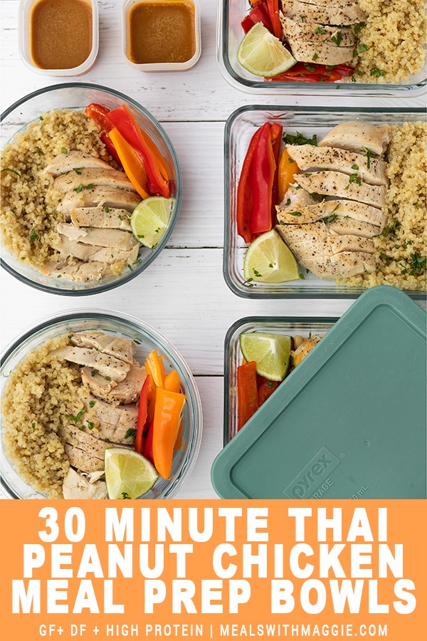 Thai Peanut Chicken Meal Prep bowl with title at bottom of image.