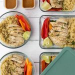 Thai peanut chicken meal prep bowl overhead shot with containers