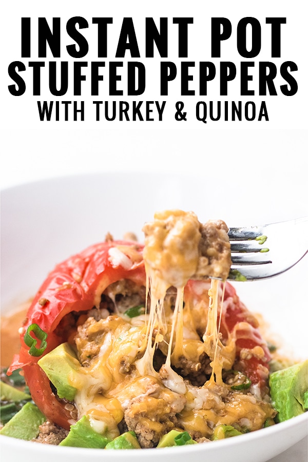 Instant pot stuffed peppers with turkey and quinoa picture with text.