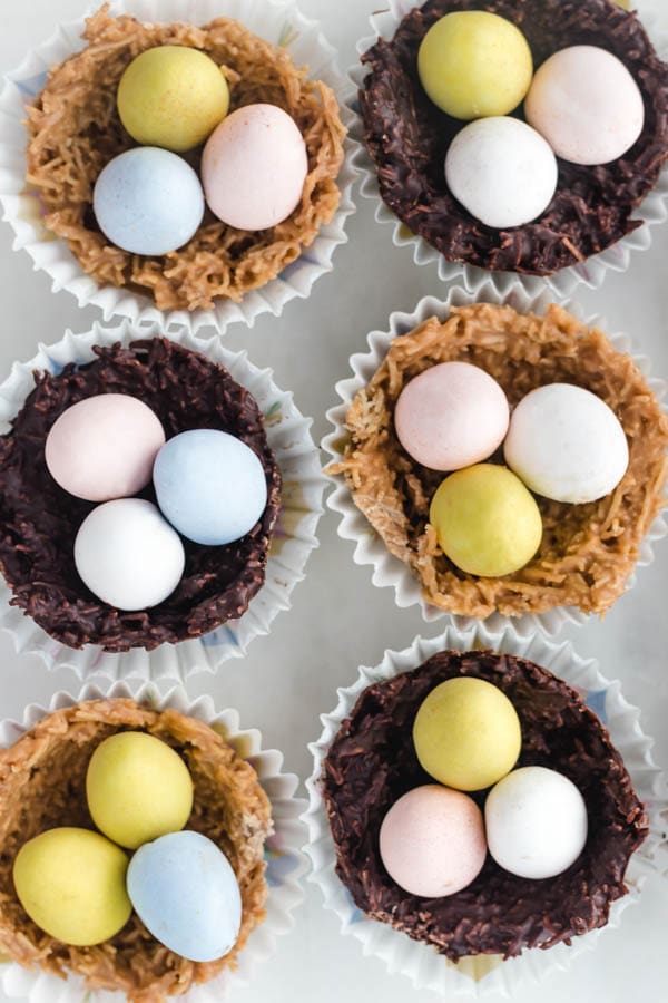 six easter nests lined up in a row