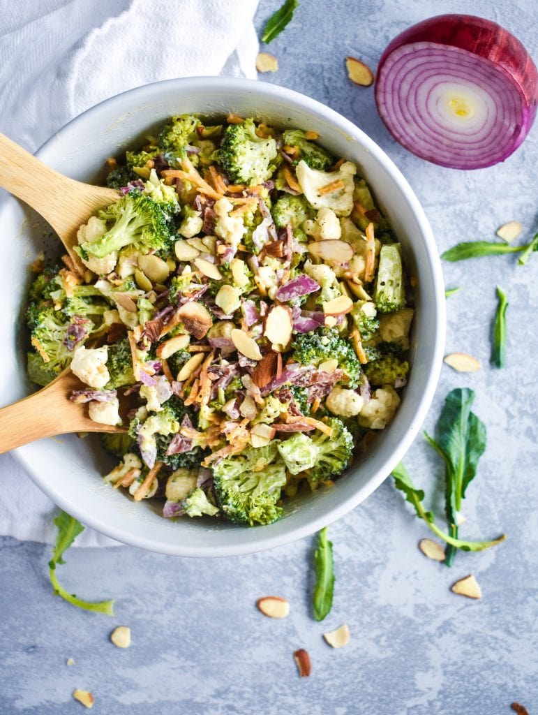 A bowl of broccoli with creamy dressing