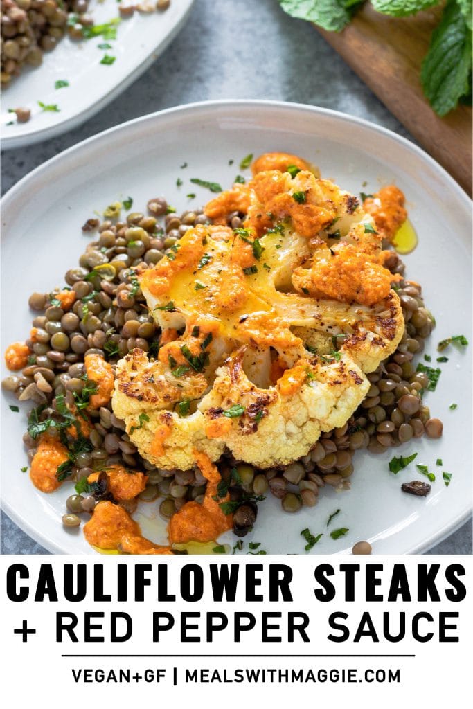 Cauliflower steak with red sauce over it and text under.