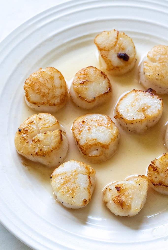 Seared Scallops sitting in brown butter sage sauce.