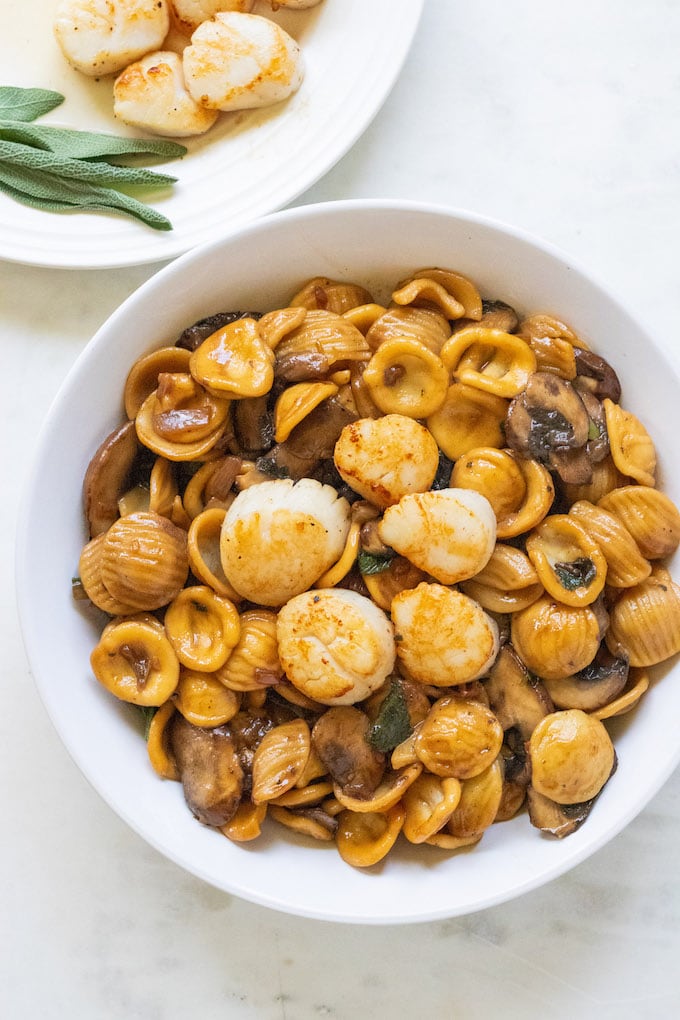 Scallops in a bowl with pasta and sage.