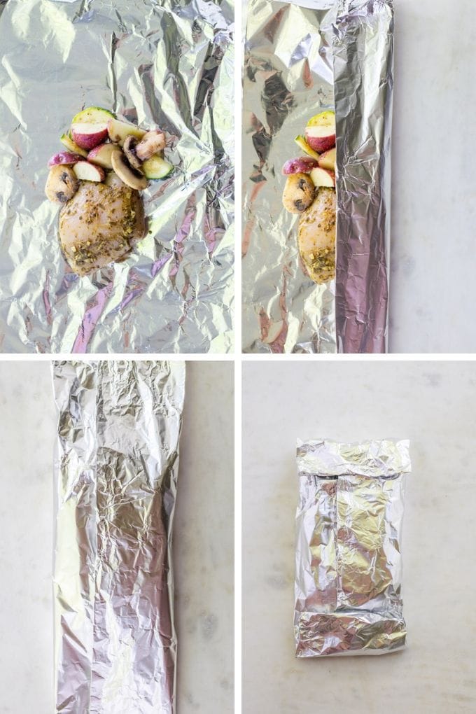 Images of how to fold the foil around the chicken