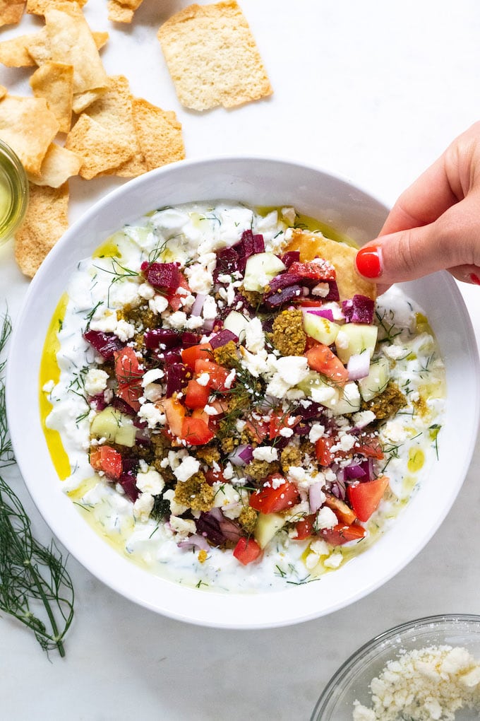 overhead shot of dip in a bowl. 