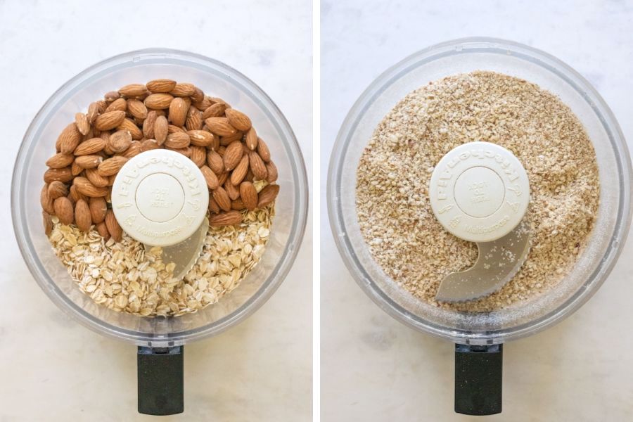 side by side picture of oats and almonds in a food processor. 