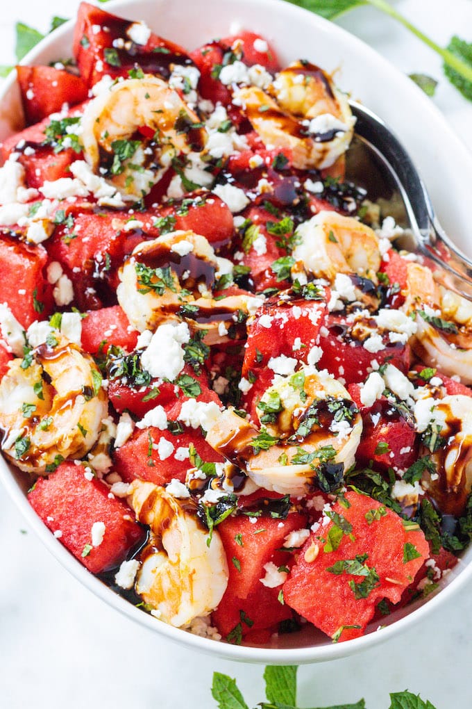 Balsamic Vinegar on shrimp with feta and mint