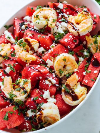 watermelon salad in a bowl with feta and mint.