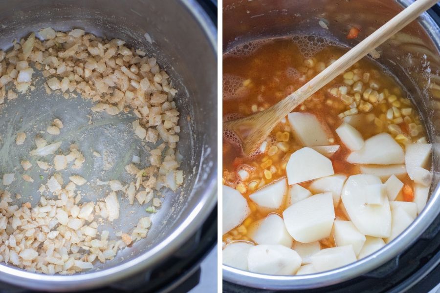 Ingredients in a side by side view in the instant pot.