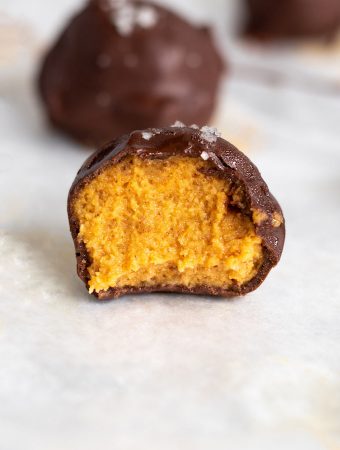 The inside of a pumpkin truffle dessert.