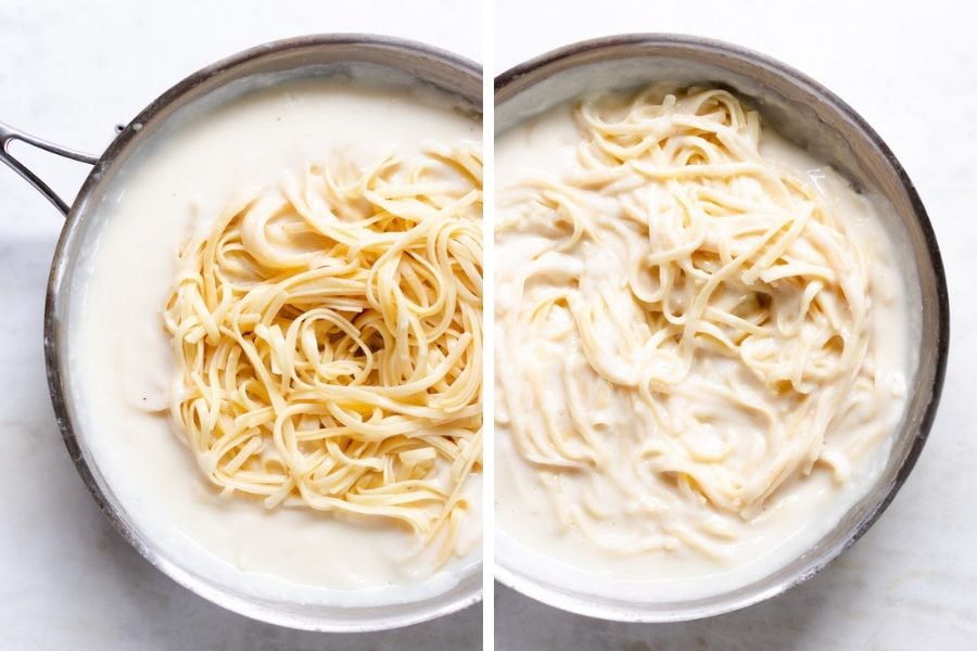 a side by side shot of pasta in creamy Sauce. 