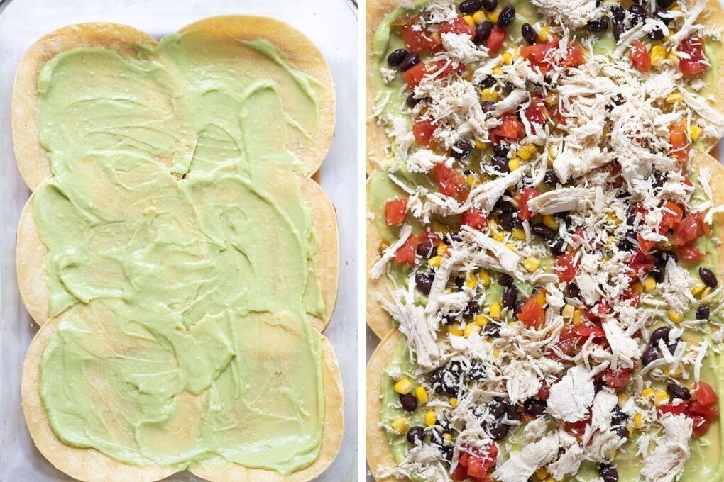 Side by side picture of enchilada lasagna. 