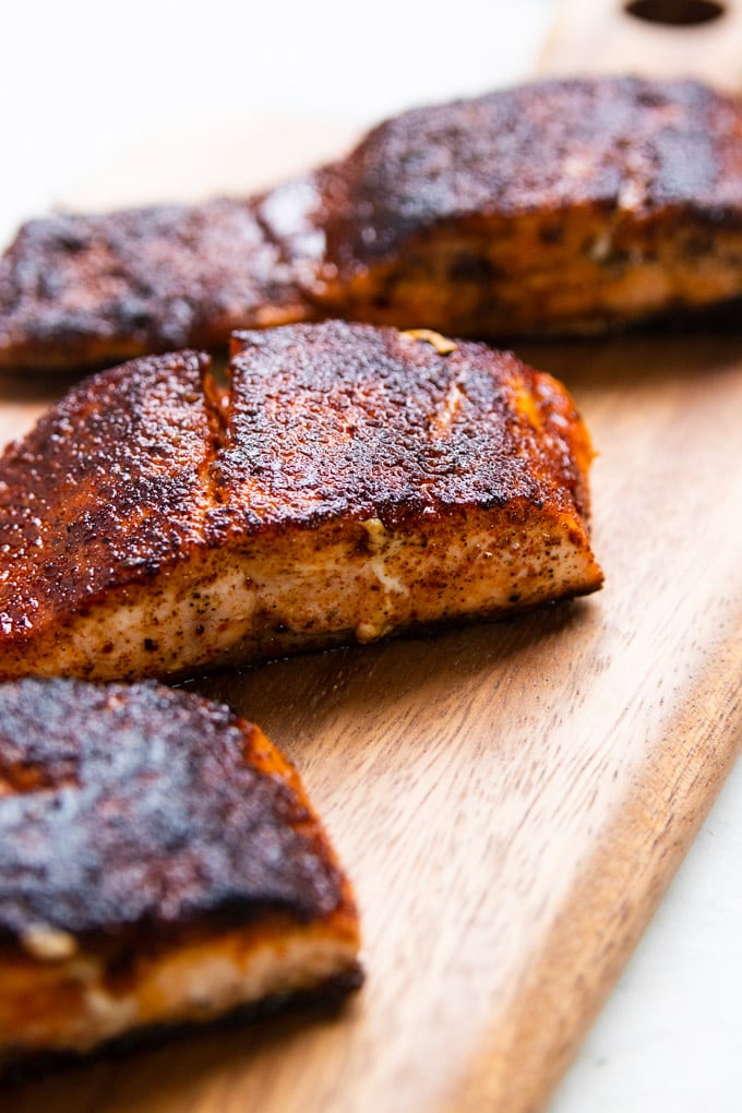 Salmon on a wooden plank. 