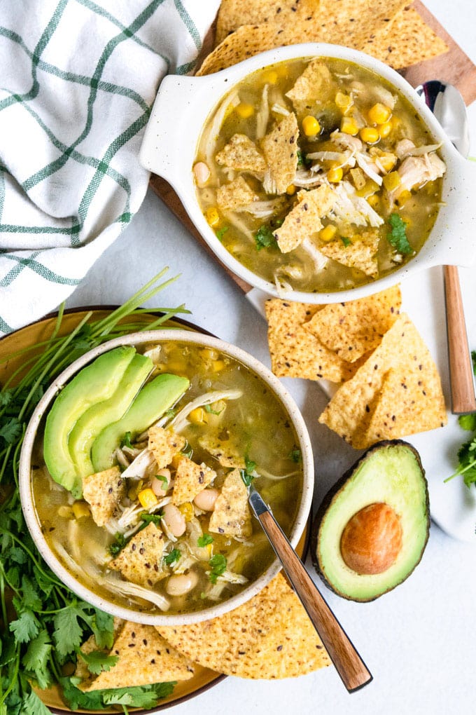 instant pot salsa verde soup in bowls.