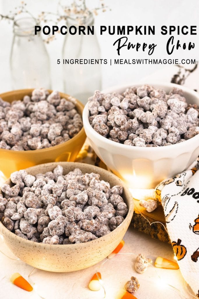 Popcorn puppy chow halloween theme with text. 