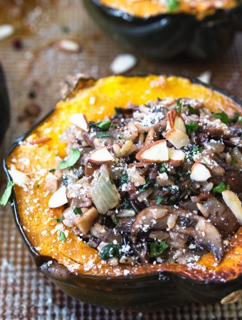 Acorn squash stuffed with vegetarian filling.