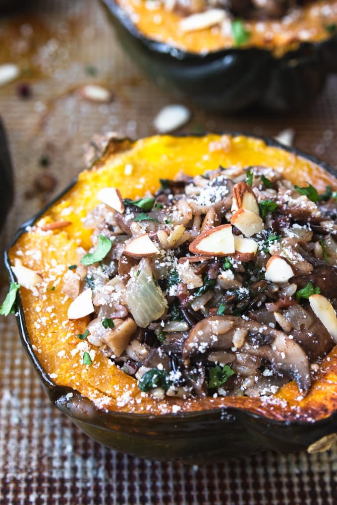 Up close shot of squash with mushrooms and vegetarian filling.