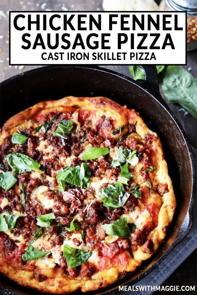 Pizza in a cast iron skillet with text. 