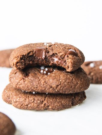 double chocolate chip cookies with sea salt on top.