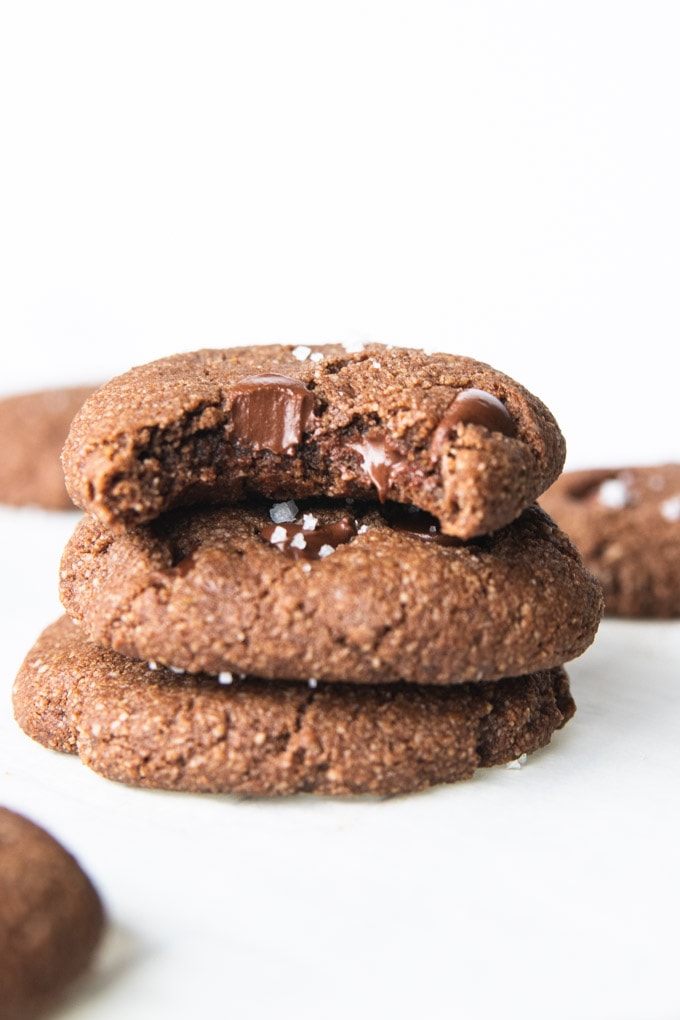 double chocolate chip cookies with sea salt on top.