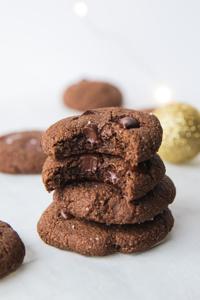 Double chocolate cookies stacked on top of one another.